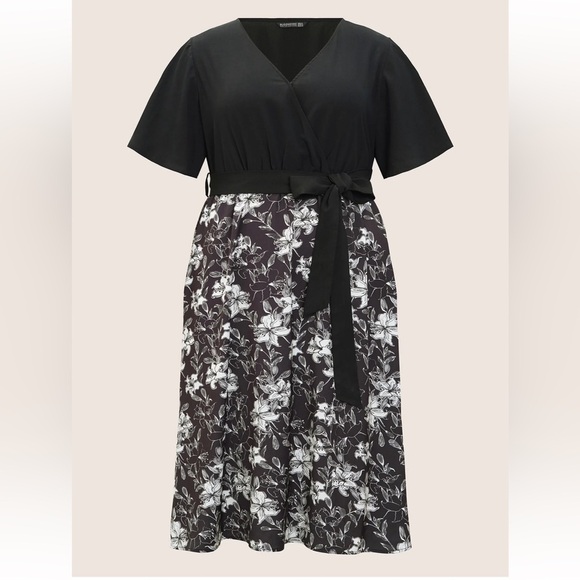 BloomChic Plus Size Floral Patchwork Pocket Belt Surplice Neck Ruffle Hem Dress - Picture 7 of 9